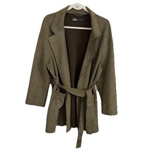 ZARA Trench Coat Womens Large Olive Green Faux Suede Wrap Jacket Belted Pockets